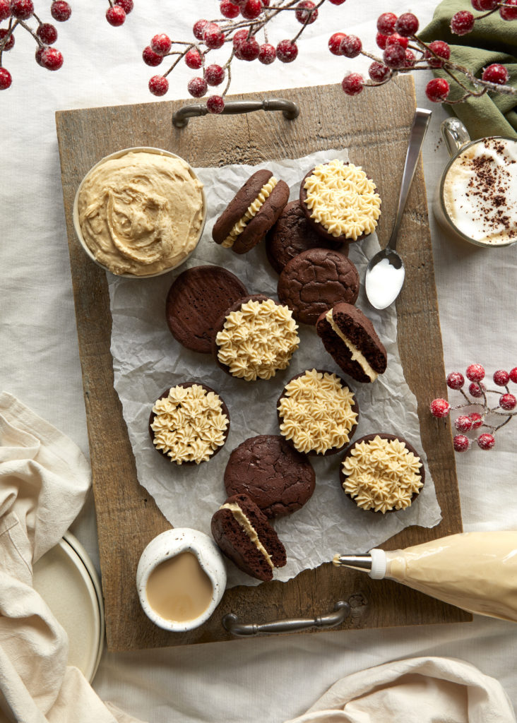 baileys cream filled chocolate whoopie pies with a chocolate latte and espresso baileys