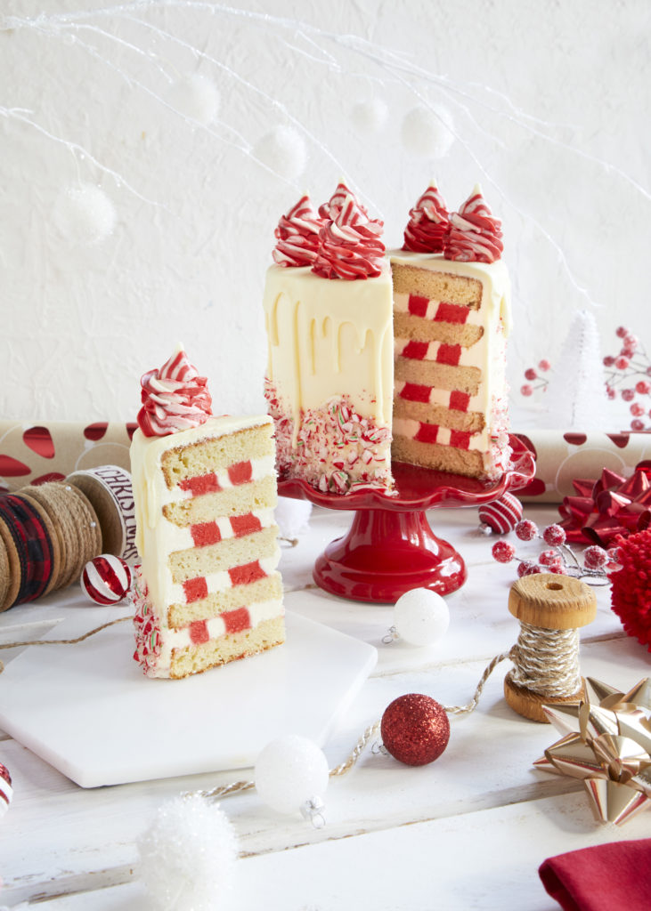 red and white peppermint swiss meringue buttercream paired with vanilla or chocolate cake