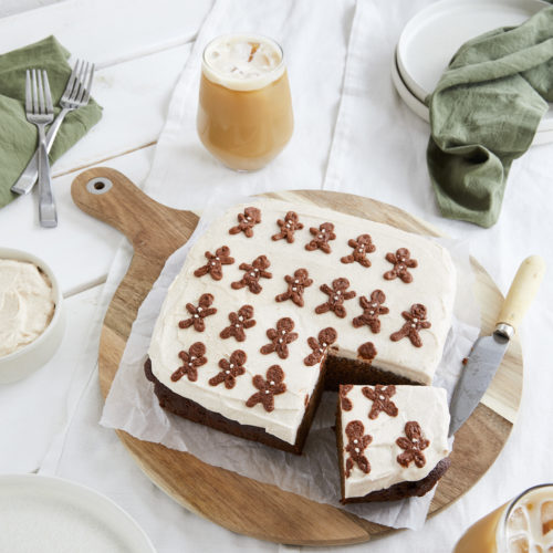 gluten free gingerbread cake with cinnamon cream cheese icing and iced coffee