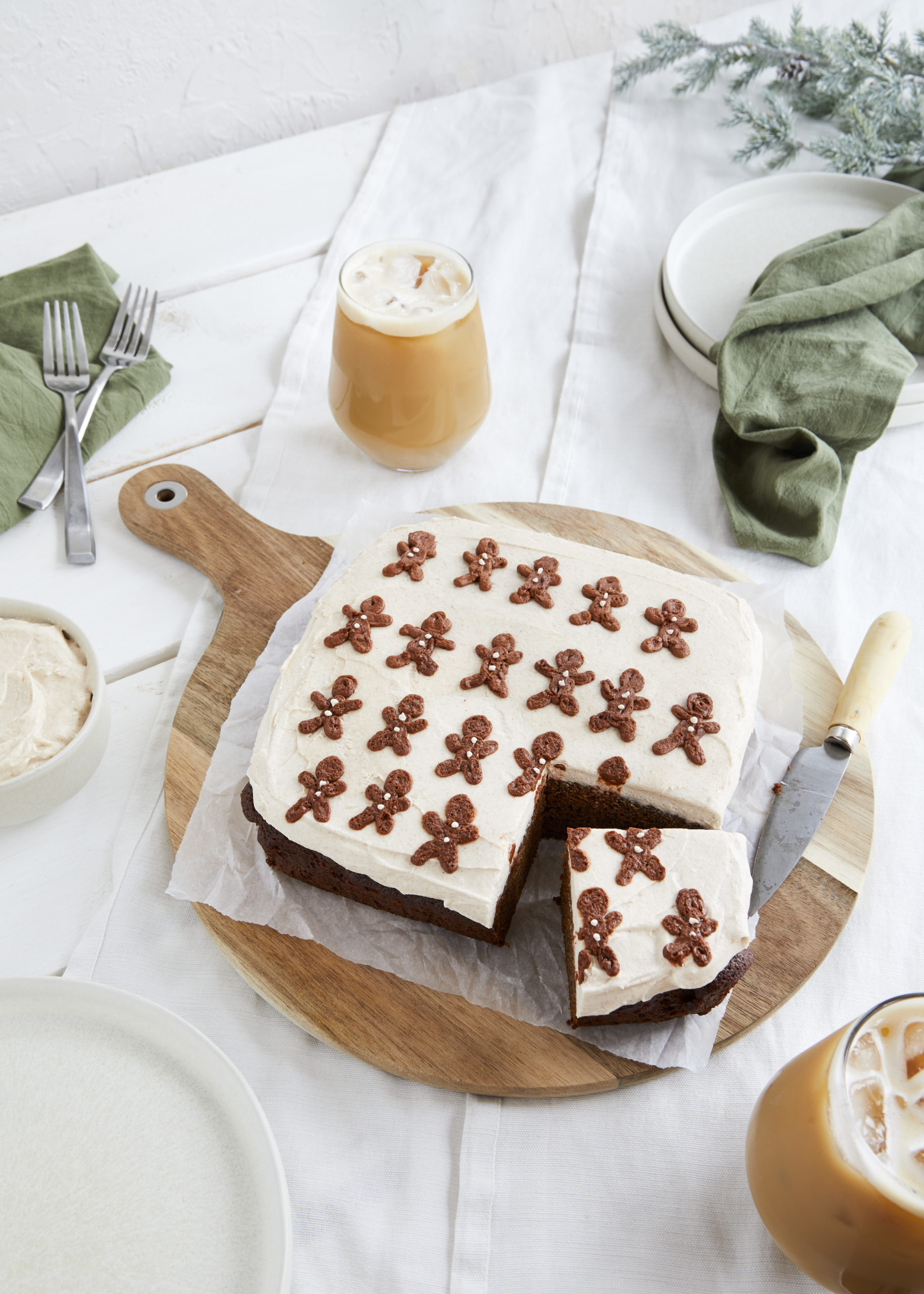 gluten free gingerbread cake with cinnamon cream cheese icing and iced coffee