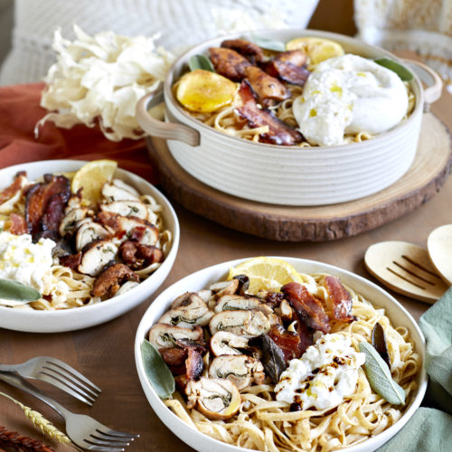 brown butter sage chicken pasta served with lemon and burrata