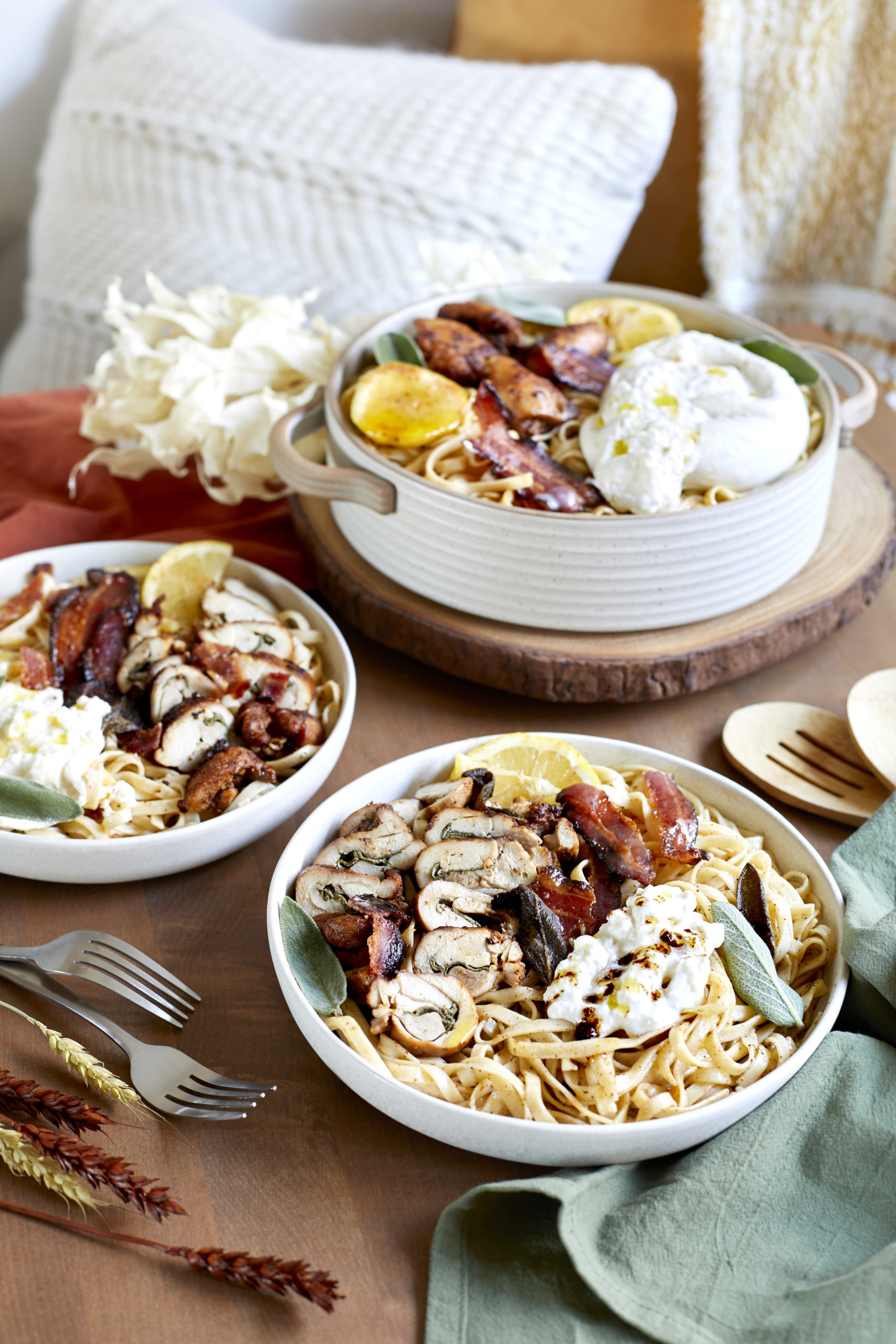 brown butter sage chicken pasta served with lemon and burrata