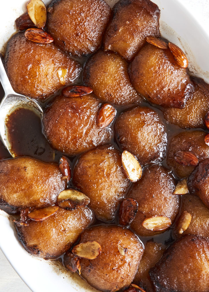 honey, almond and balsamic roasted pears served with burrata, pancetta and grilled gluten free bread using canned fruit