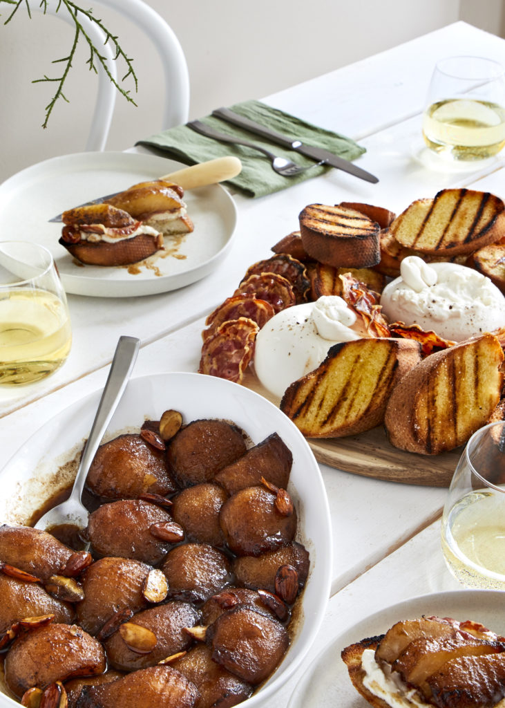 honey, almond and balsamic roasted pears served with burrata, pancetta and grilled gluten free bread using canned fruit