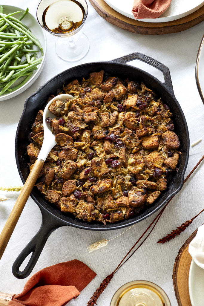 gluten free apple + pear stuffing filled with pears, cranberries, apples, rosemary, raisin bread