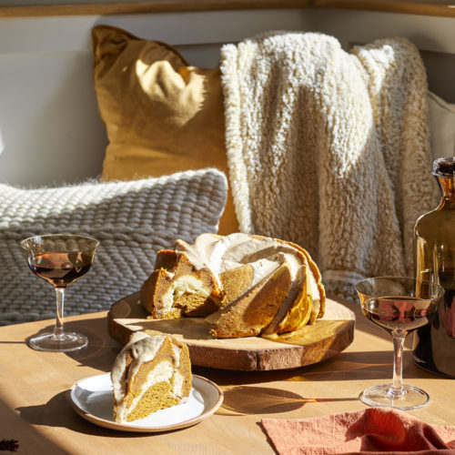 gluten free pumpkin bundt cake + cheesecake filling + salted maple brown butter glaze