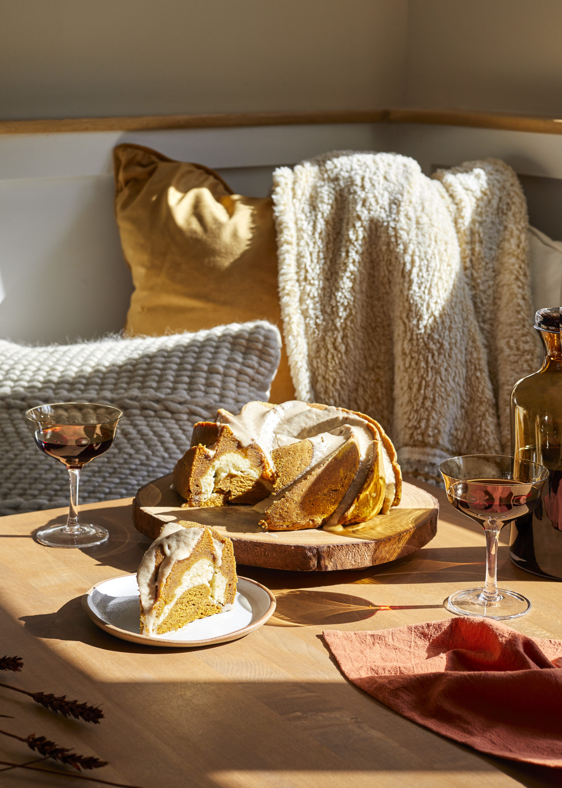 gluten free pumpkin bundt cake + cheesecake filling + salted maple brown butter glaze