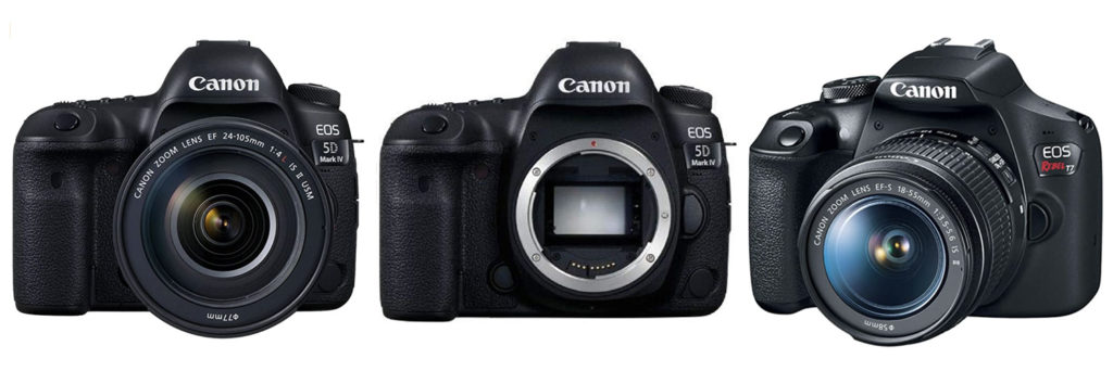 canon rebel t7, canon 5d mark iv body only, canon 5d mark iv with lens

