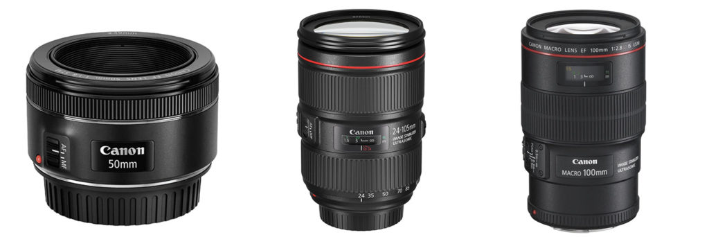 canon 50mm lens, canon 24-105mm lens, canon 100mm macro lens