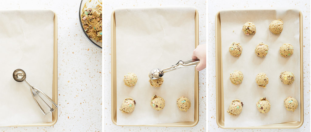 the cookie dough scooped on a tray for gluten free mini egg cookies